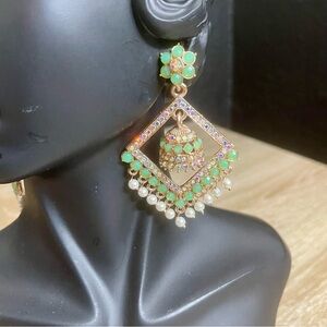 Pakistani Indian Bollywood Style Elegant Gold and Green Dangle Earrings